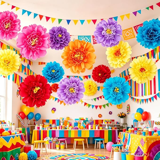 SUNBEAUTY Large Paper Flowers Giant Fiesta Tissue Paper Flowers Decorations for Wall 12 Inch Colorful Mexican Flowers for Summer Birthday Wedding Backdrop Bridal Shower Tropical Luau Carnival Party