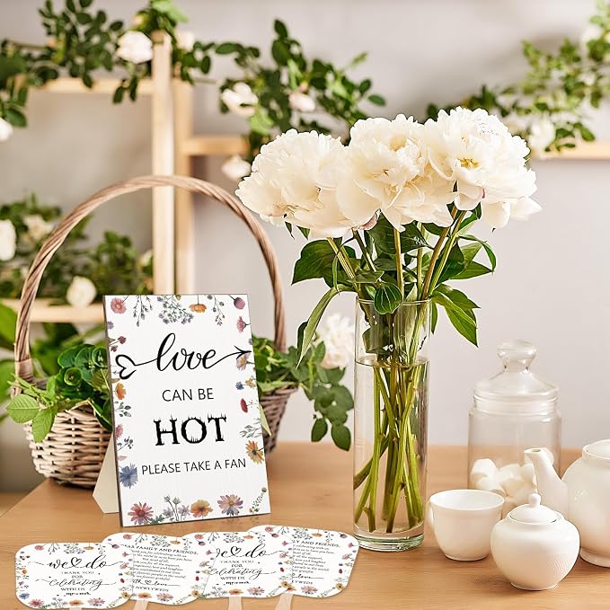 Fumete Wedding Favors for Guests 50 Pcs Wedding Fans and 1 Pc Table Sign Portable Paper Fan with Wooden Handle Hand Fan for Bridal Shower Party Favor Appreciation Gift(Wildflower)
