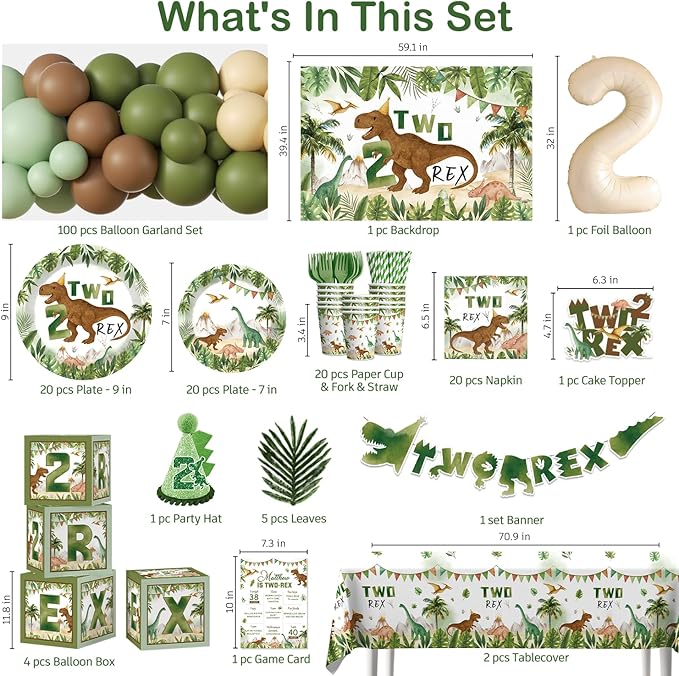 cocomigo 237pcs Two Rex Birthday Decorations Boy Complete Party Set, Dinosaur Birthday Decorations 2, Serves 20 Guests, 2 Year Old Party Decor Boy, 2nd Party Decor for Boys