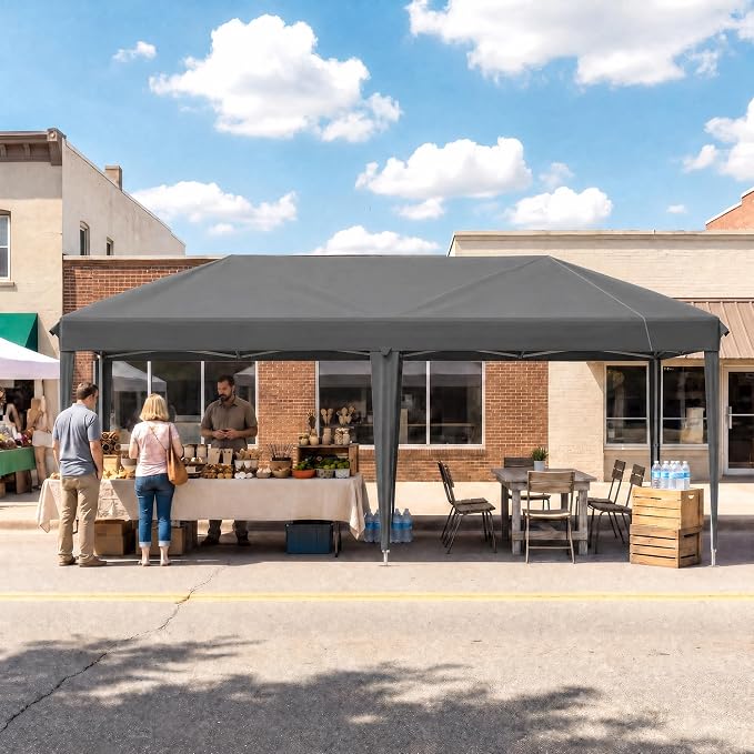 10x20 FT Portable Pop Up Canopy Tent with Sandbags, Adjustable Height Instant Gazebo, Outdoor Canopy for Camping, Parties, Vendor Events (Grey with Reflective Strip, 3m × 6m Without sidewalls)
