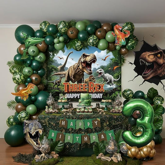 T-Rex Dinosaur Birthday Decorations include Dark Green Brown Gold balloon arch & small Dino Foil balloons & banner backdrop & footprint stickers for Kids Boys Jungle Safari Dino 3rd Party Supplies