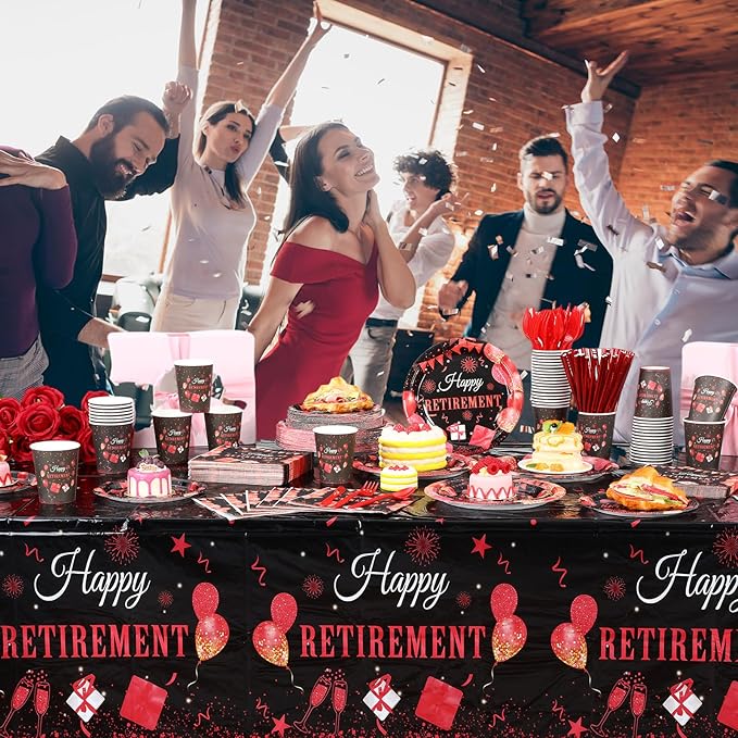 Funnymoom 452 Pcs Retirement Party Decorations Supplies Set Include Red Black Retirement Paper Plates Napkins Cups Tablecloth Cutlery Straws for Men Women Say Goodbye Party
