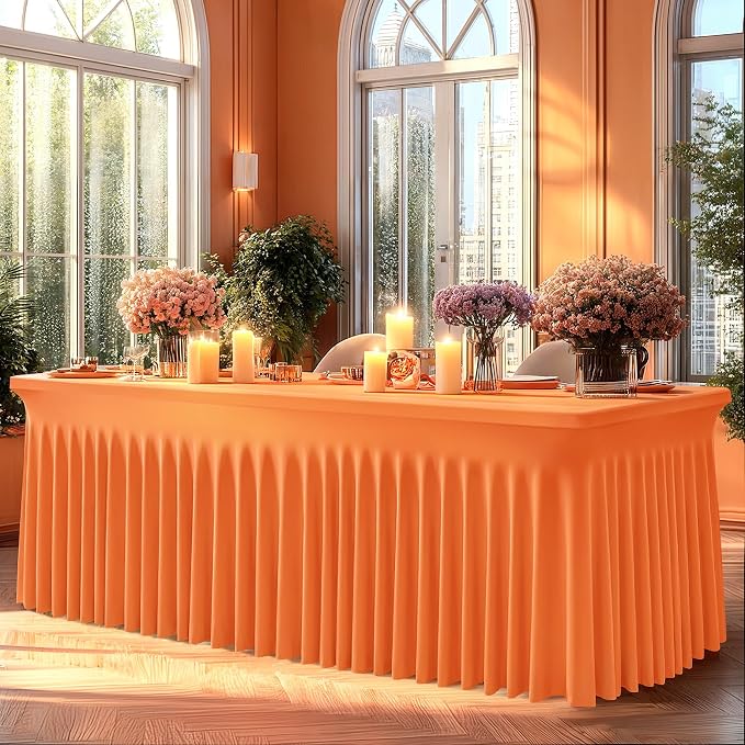 Shillance 2 Packs Orange Spandex Tableclothes for 8 Foot Rectangle Table, Spandex Table Covers 8FT Stretch Table Skirts Rectangle Wrinkle Free Fitted Tablecover for Event, Wedding, Banquet & Parties