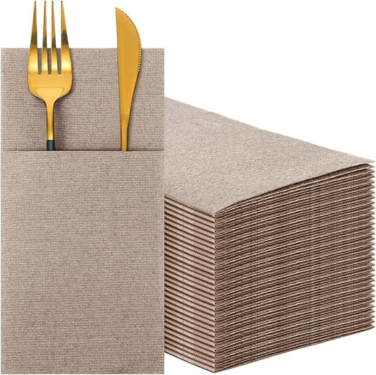 Cindeer 150 Pcs Wood Color Napkins Disposable Linen Feel Dinner Paper Napkins with Built in Flatware Pocket Prefolded Airlaid Paper Guest Hand Towel for Silverware Wedding Reception Baby Shower