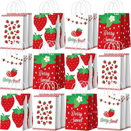 Outus 24 Pcs Strawberry Party Favor Bags Summer Strawberry Gift Goodie Paper Bags with Handles Red Berry Sweet Candy Treat Pouch for Berry First Birthday Party Decorations Supplies
