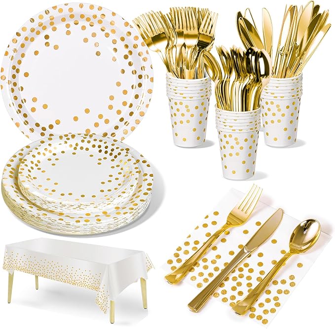 Nkaiso 141 Pieces White Gold Party Supplies, Disposable Party Decorations Sets Include Paper Plates Napkins Cups, Plastic Forks Knives Spoons, for Baby Shower Birthday Wedding -20 Guests