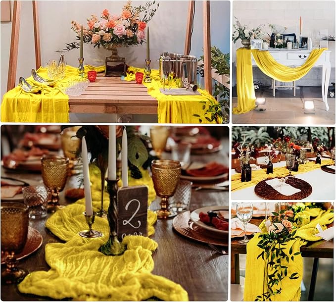 15 Pack Cheesecloth Table Runner 10Ft Gauze Cheese Cloth Table Runner 35 x120 Inch Boho Table Runners for Wedding Banquet Event Birthday Party Bridal Baby Shower Anniversary Summer Table Décor(Yellow)