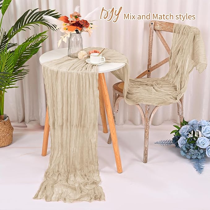 16 Pack Beige Cheesecloth Table Runner 120 Inch 10FT Spring Boho Rustic Sheer Gauze Cheese Cloth Table Runner for Wedding Baby Shower Birthday Party Table Decor