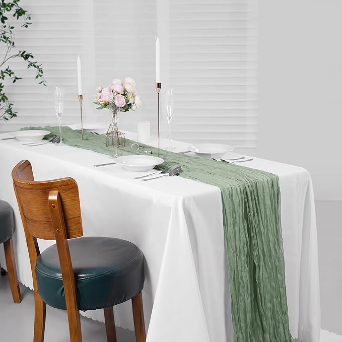15 Pieces Sage Green Cheesecloth Table Runner, 17x108 Inch Long Boho Gauze Table Runner Rustic Decorations for Wedding Birthday Holiday Party Baby Shower Table Decor