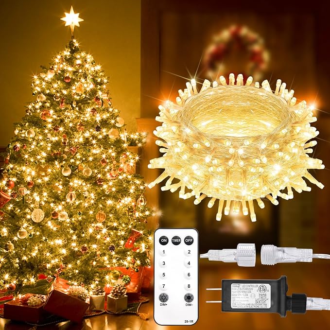 suddus 100 LED String Lights with Remote Control, 33ft Connectable Clear Wire Fairy Lights, 8 Modes & Timer Dimmable, Waterproof Plug in Twinkle Lights for Bedroom, Patio, Christmas Tree - Warm White