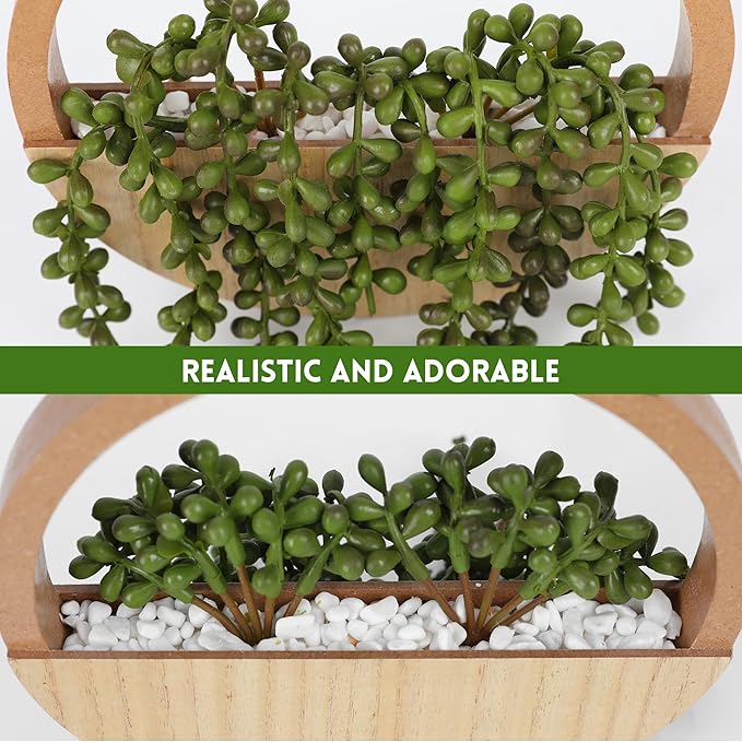Floweroyal 2pcs Artificial Succulents Hanging Plants 20.1'' Fake String of Pearls in Pot with 9.4'' Lanyard for Indoor Outdoor Wall Decor（Wood Color）