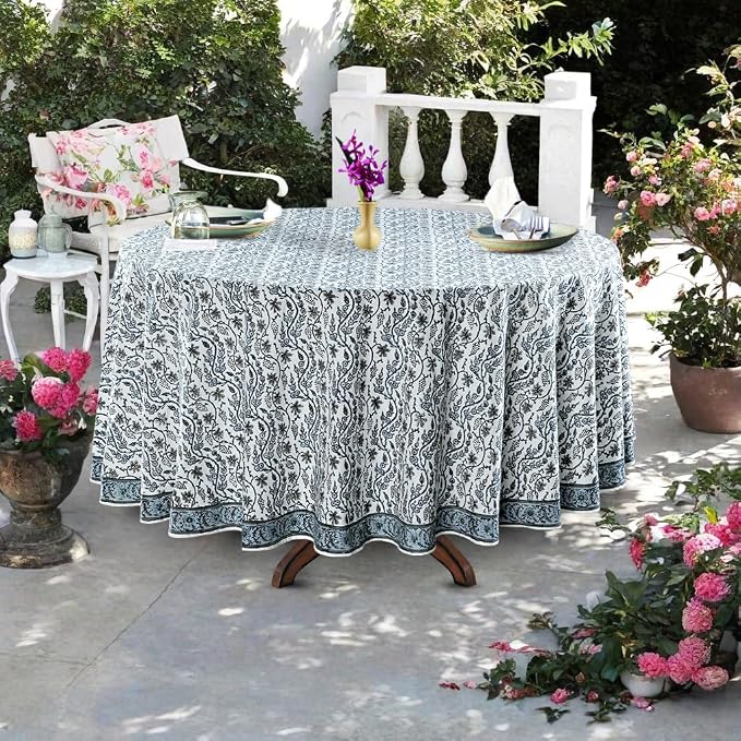 Ridhi Round Tablecloth Hand Block Print 100% Cotton Reusable Baby Blue Eyes 60 Inch Table Cover Decorative Everyday Use for Dining, Home, Party, Wedding, Farmhouse, Party Gift for Spring, Mother's Day