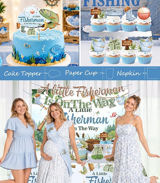 Fishing Baby Shower Decorations for Boy, All-in-one Fishing Party Decorations Includes Banner, Backdrop, Gone Fishing Balloon Arch, Cake Toppers, Tablecloth, Fisherman Welcome Baby Party Decor