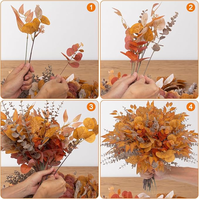 260 Pcs Fall Mixed Greenery Artificial Eucalyptus Stems Bulk, 6 Kinds of Fake Eucalyptus Leaves, Autumn Faux Floral Arrangement for Wedding Bouquet, Farmhouse Home Thanksgiving Decor (260, Orange)
