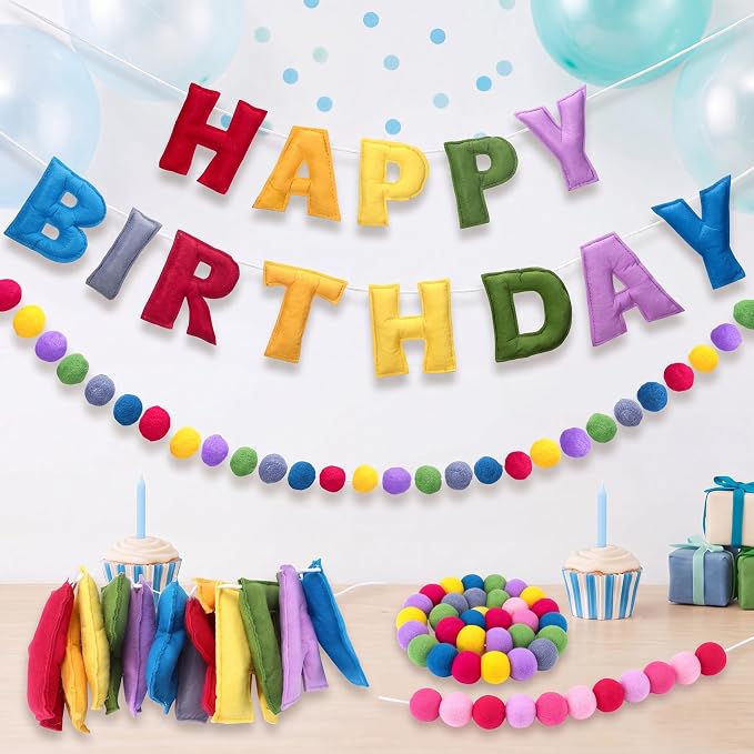 Mindsoft 2 Pcs 9.83ft Pre Strung 3D Happy Birthday Felt Fabric Banner with Ball Garland Reusable Pom Pom Garland for Birthday Party Decorations Sign Photo Prop Boys Girls(Retro Rainbow Color)