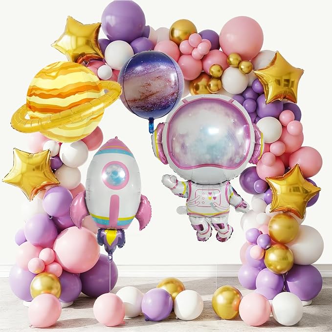 108PCS Pink Space Balloon Arch Kit for Girls – Dreamy Astronaut Rocket Planet Galaxy Balloons Garland, Outer Space Birthday Party Decorations, Baby Shower Two The Moon Party Supplies