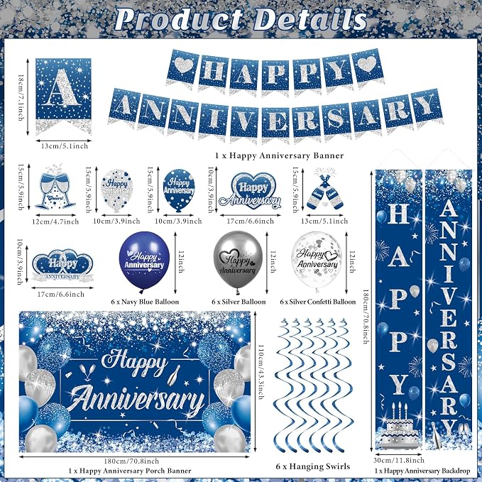 Blue Happy Anniversary Decorations for Men Women - Silver Banner Backdrop, Hanging Swirls, Porch Sign, Navy Balloons - Party Decor for Wedding Anniversary Supplies