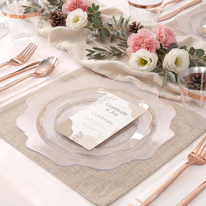 WDF 350Pcs Rose Gold Plastic Plates - Clear Rose Gold Disposable Plates 50Guest Plastic Dinnerware for Birthday/Wedding/Spring Party