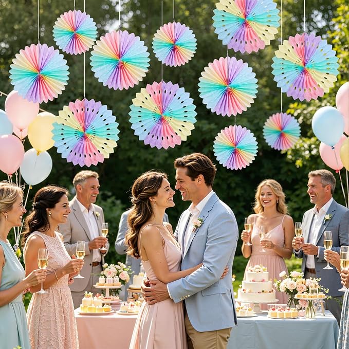 SUNBEAUTY Paper Fan, 11 Pcs Pastel Flowers for Wall, Rainbow Color-Blocking Hanging Decorations, Macarons Paper Fans Backdrop for Tea Party Weddding Spring Birthday Classroom Baby Shower Celebration