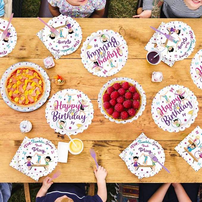 96Pcs Gymnastics Birthday Party Decoration Sports Theme Gymnasts Plates and Napkins Flip Jump Tumble and Play Tableware Set for Girls Gymnastic Birthday Baby Shower Party Supplies Serves 24