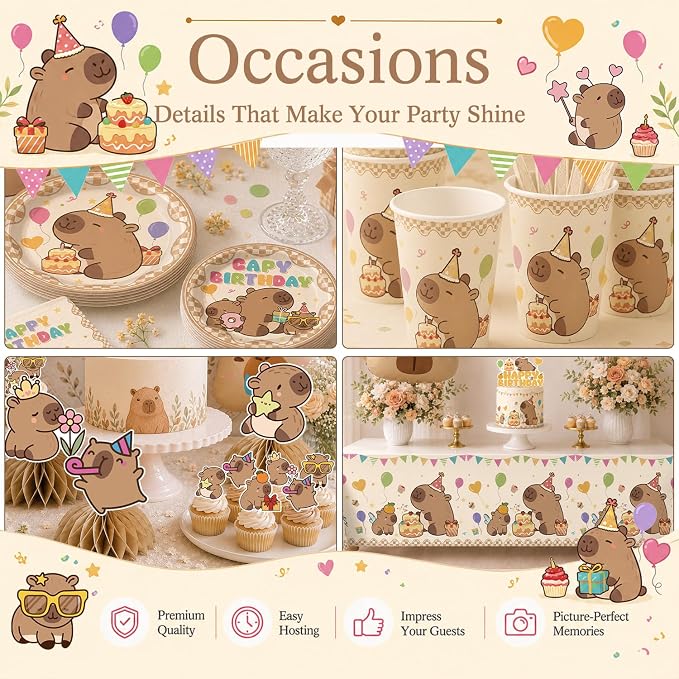 362pcs Capybara Birthday Decorations-Serves 50, All-in-one Capybara Party Decorations with 350gsm Plate, Tablecloth, Backdrop, Centerpiece, Capybara Balloons, Banner, Cake Topper