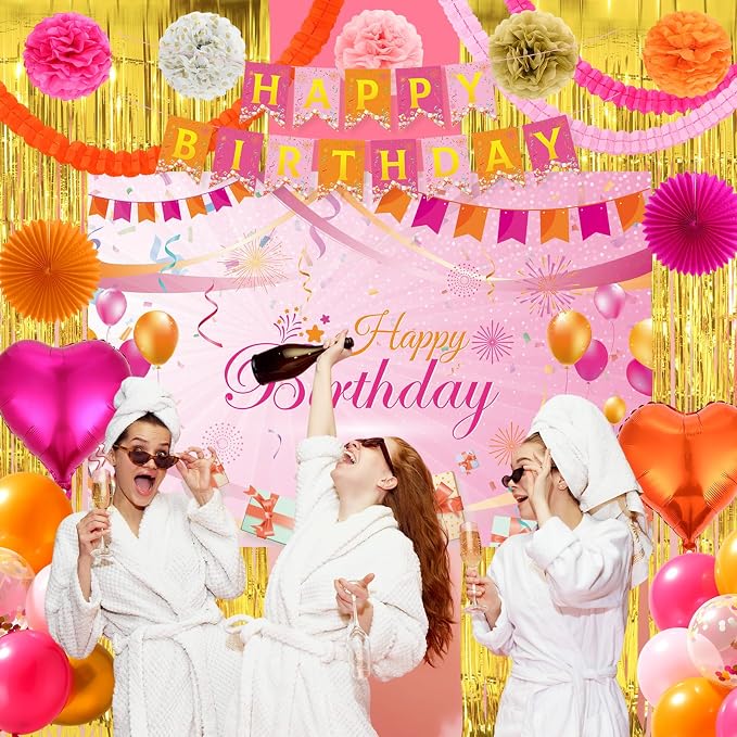 Huwena Pink and Orange Party Decorations Hot Pink and Orange Birthday Decorations with Banner Balloons Garlands Heart Foil Paper Flowers Paper Fans Fringe Curtains Tablecloths Backdrop for Women Girls