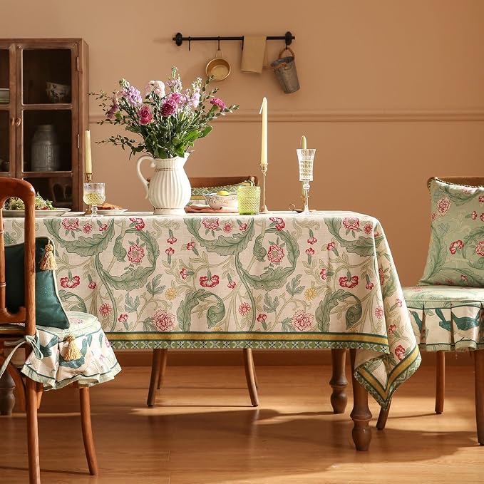 patdrea Vintage French Linen Tablecloth,Rectangular,79"x55"-Cecilia A | Colorful Elegant Table Cloth for Rectangle Table,Floral Vine Patterned,for Dining Room Tea Party Thanksgiving