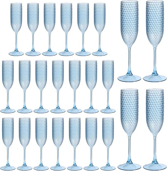 Pesonlook 24 Pack Plastic Champagne Glasses Blue Reusable Diamond Crystal Clear Wine Glasses Diamond Wine Cups Vintage Drinking Glasses for Wedding Reception, Grand Event Party Supplies