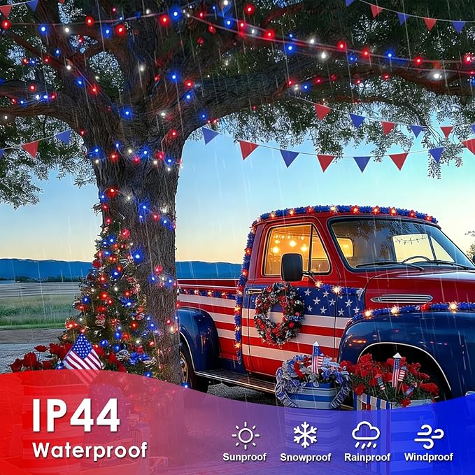 QITONG 2 Pack Red White and Blue Battery Operated Lights, Each 33ft 100 LED 4th of July String Lights Outdoor, Clear Wire Twinkle Light with Remote for Patriotic Independence Memorial Day Decor
