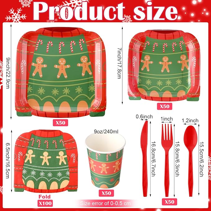 400 Pcs Ugly Sweater Party Supplies Set Christmas Disposable Paper Plates Party Christmas Decorations Plates and Napkins Sets Tableware for Xmas Birthday