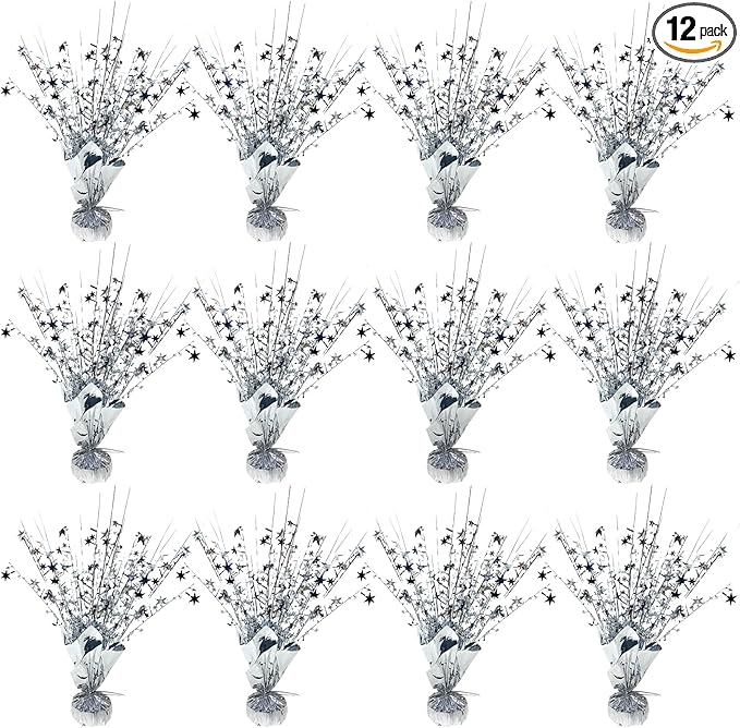 FUBININA 12 Pack Metallic Foil Spray Centerpiece Star Table Decoration Burst Table Centerpieces for New Years Nye Birthday Wedding Anniversary Graduation Holiday Party Supplies Decor, Silver