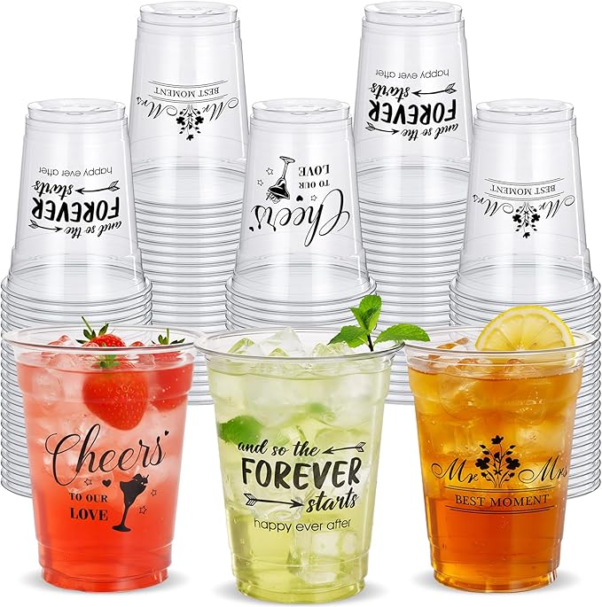 150 Pcs Wedding Plastic Cups Bulk 12oz Bridal Shower Cups Wedding Decorations for Reception Mr and Mrs Cheers to Love Bridal Party Supplies