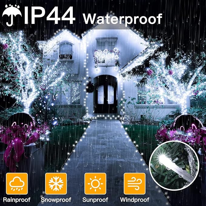 Ollny Christmas Lights Outdoor Waterproof, 1000LED 328FT Super Long String Lights with Remote 3 Timer, Plug in 8 Modes Fairy Light for Outside House Bedroom Xmas Decorations, Cool White