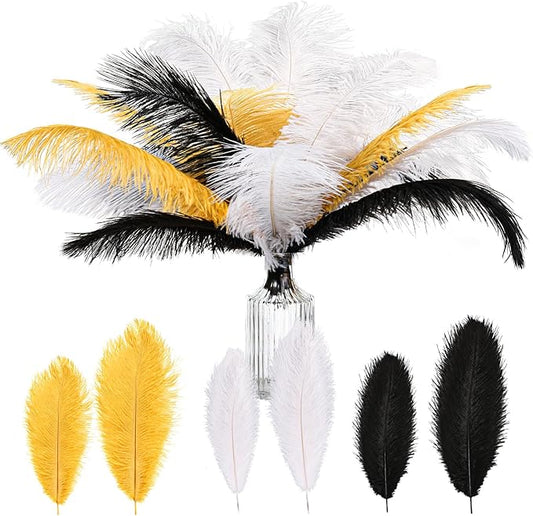 XunYee 60 Pcs 1920s Natural Ostrich Feathers Bulk 10-12 Inch/ 12-14 Inch Natural Large Feather for Wedding Dancing Birthday Party Centerpieces Carnival Decorations(Black White and Gold)