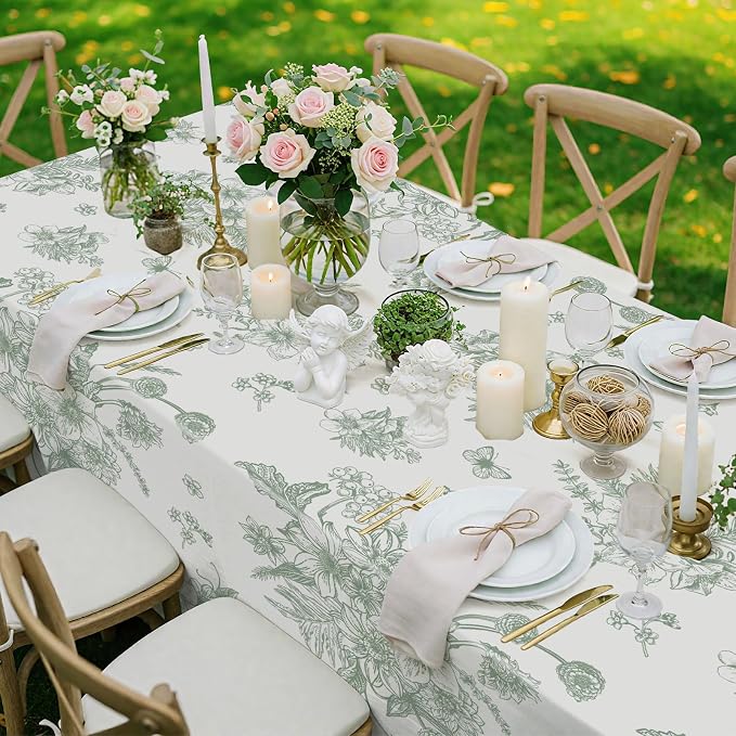 6 Pack Sage Green Floral Plastic Tablecloths, 54 X 108Inch Tea Party Tablecloth Disposable Table Cloths Green and White Porcelain Tables Decor for Garden Wedding Tea Party Birthday Baby Bridal Shower