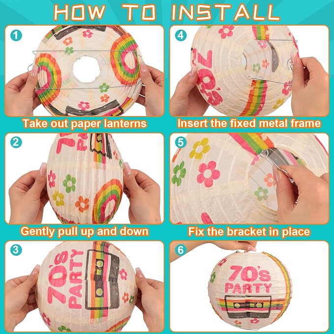 Panelee 12 Pcs 70's Retro Paper Lanterns Party Decorations 8 Inch Hanging Round Paper Party Decorations for Holiday Indoor Outdoor Supplies