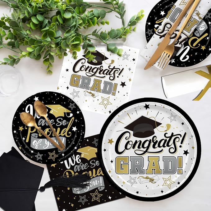 Graduation Decorations 2026 Black and Gold Grad Party Supplies with Disposable Plates, Napkins, Tablecloth, Cups and Congrats Grad Banner for 24 Guests - Graduation Party Decorations