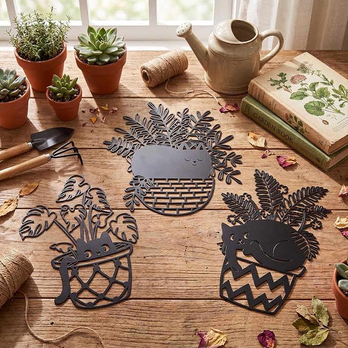 Fiwochic 3 Pcs Black Cat Metal Wall Decor Cute Blakc Cat Botanical Wall Art Leaves Art Potted Plant Decoration for Cats Lover Minimalist Room Living Room Patio Decor Gift