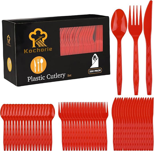 Kochorie 360 Pieces Red Plastic Cutlery Set Disposable Plastic Utensils Heavy Duty Flatware Set Include 120 Knives 120 Forks 120 Spoons for Wedding Birthday Party Supply