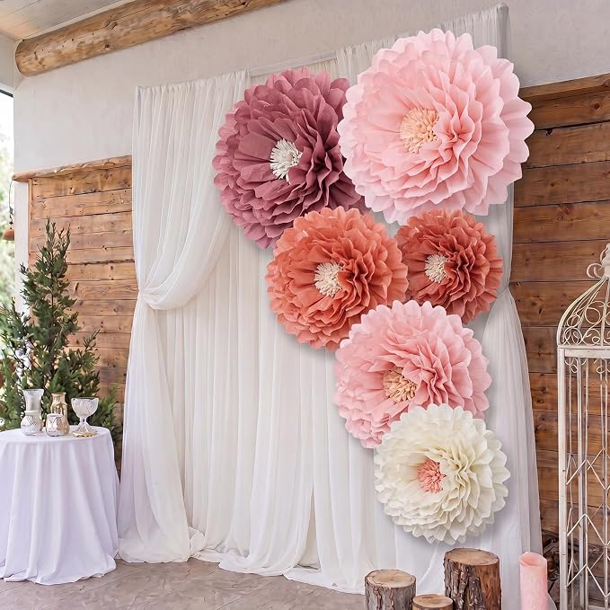 Giegxin 6 Pcs 40'', 31.4", 24" Boho Pink Giant Paper Flowers for Wall Decorations Pink White Big Jumbo Tissue Crepe Flowers Boho Party Decorations Floral for Wedding Baby Shower Classroom Backdrop