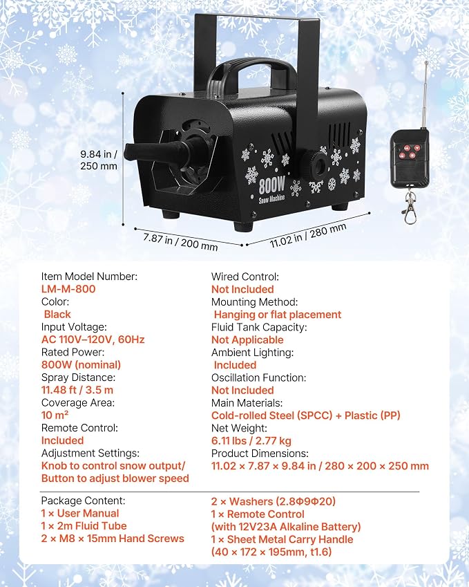 VEVOR Snow Machine, 800W Handheld/Hanging Snow Maker, Portable Wireless Remote Snowmaking machine with 1L Tank & Handle, Outdoor & Indoor Snowflake Maker for Christmas Party Stage Effect