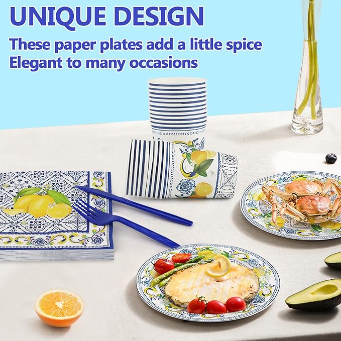 120 PCS Capri Lemon Supplies, Disposable Blue Tiles Lemon Plates Napkins Cups Knives Forks, Fruit Theme Party Tableware Set for Birthday Bachelorette Party Baby Shower Decor Supplies, Serves 20 Guests