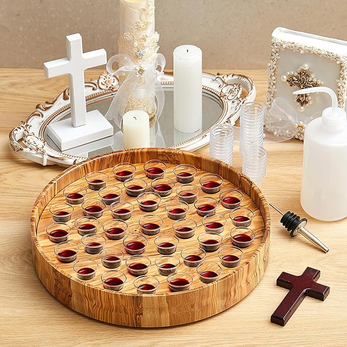 Zhehao 1 Pcs Wood Communion Trays for Churches Set Church Supplies Plates for Church with Disposable Cups (Olive Wood)
