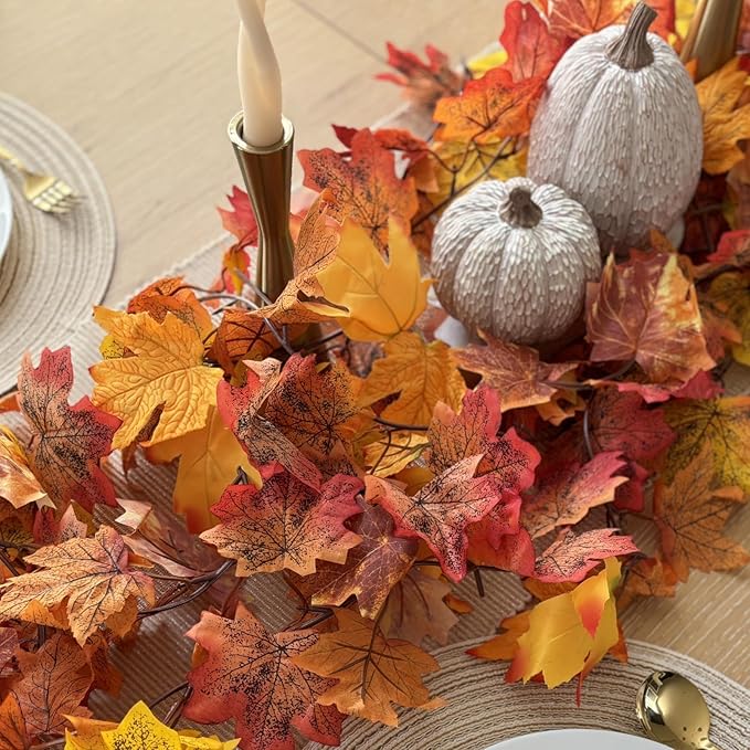 CQURE 16 Pack Fall Leaf Garland, 5.9Ft Autumn Garland Artificial Maple Leaf Fall Maple Leaves Hanging Vines Thanksgiving Decor for Home Christmas Fireplace Party