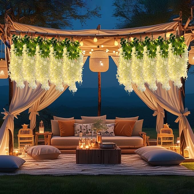 12 Pack Cream Wisteria Hanging Flowers Garland with Lights, 3.44 Feet Artificial Flower Vines, Fake Wisteria, Artificial Vines Hanging Garland for Backdrop Outdoor Patio Garden Decor