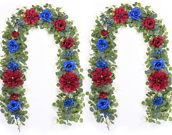 Waipfaru 2Pcs Flower Garland, 6Ft Eucalyptus Greenery Garland, Rose Floral Vines for Wedding Table Runner Centerpieces Backdrop Decor (Red Blue)