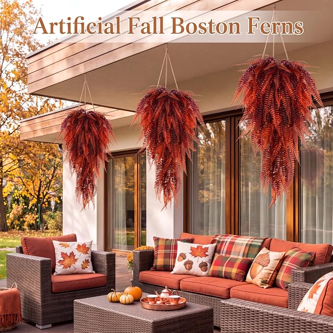 Daifunli 8 Pcs Artificial Fall Hanging Plants Fake Hanging Ferns Plastic Autumn Faux Plants for Wall Room Garden Garland Indoor Outdoor Decor No Basket (Fall Boston)
