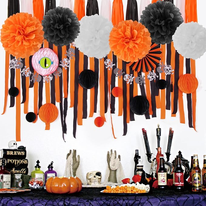 Black White Orange Halloween Party-Decorations - 23pcs Tissue Pom Poms Streamers,Tassel Garland Banner,Graduation 2026 Birthday Wedding Baby Bridal Shower Decor Bunting Lasting Surprise