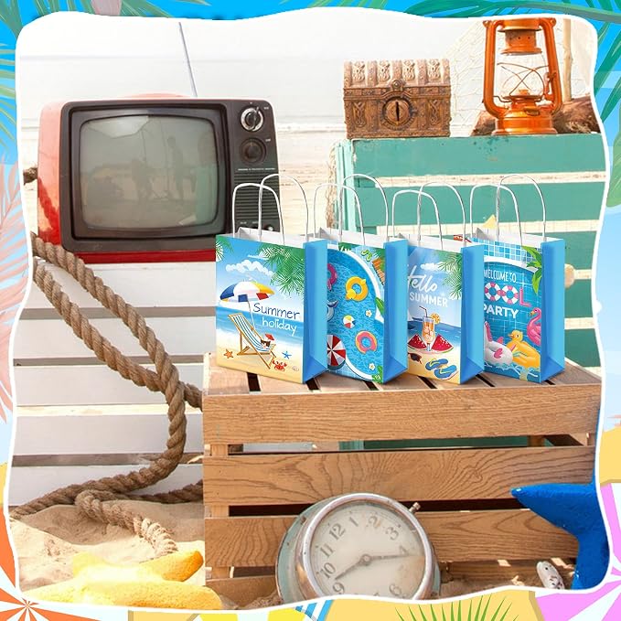Outus 48 Pieces Summer Pool Party Favors Bags Beach Gift Goodie Paper Bags with Handles Beach Swimming Pool Candy Treat Pouch for Summer Hawaiian Luau Birthday Holiday Party Supplies