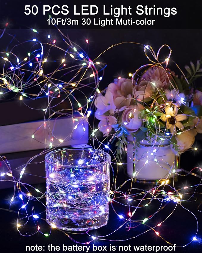 Riakrum 50 Pieces LED Fairy Lights Battery Operated Bulk, Wedding Waterproof Tiny Small Twinkle LED String Lights for Jar Starry for DIY Birthday Party Favors for Vase Centerpieces(Mixed Color,10 ft)